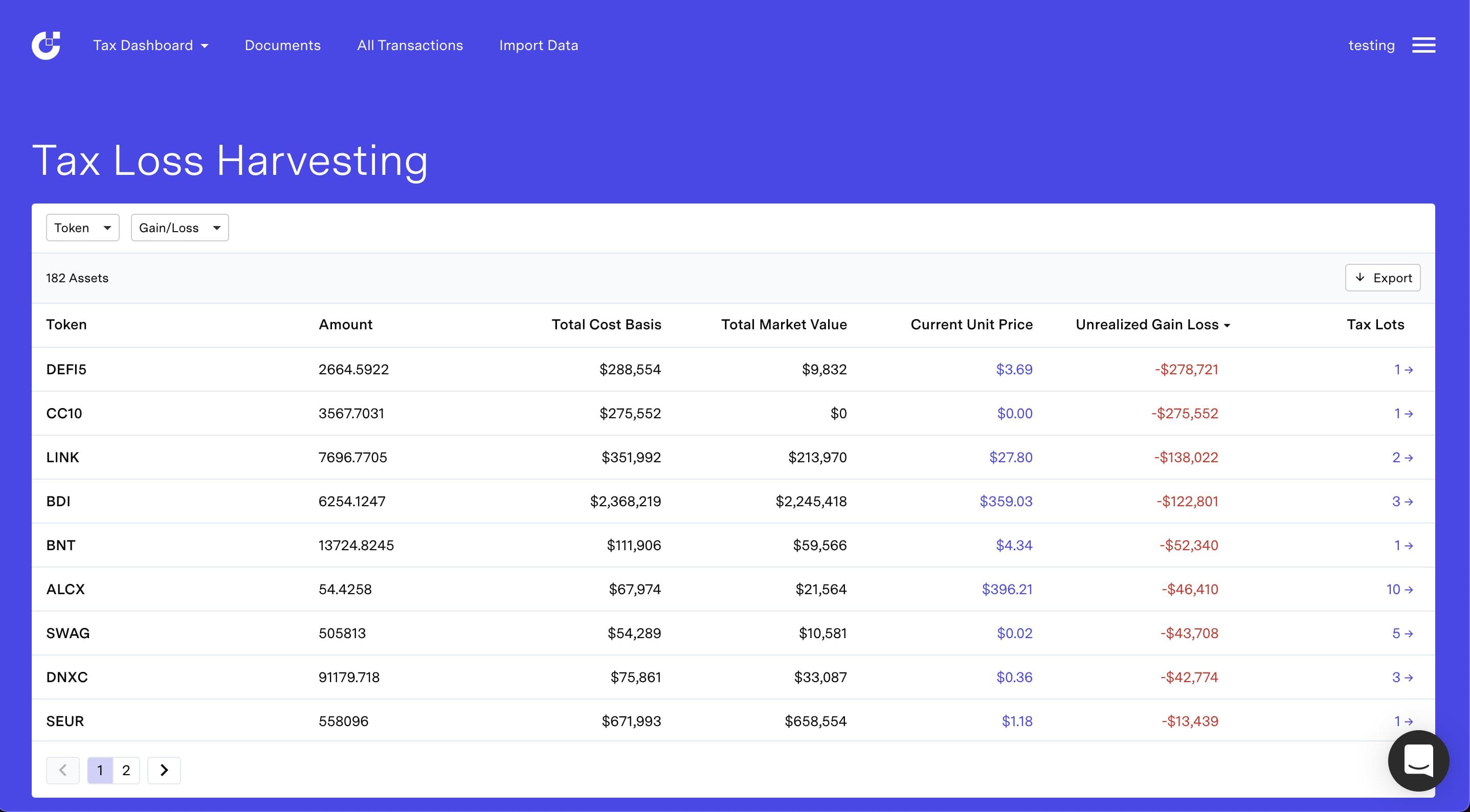 2021 Tax Loss Harvesting Dashboard