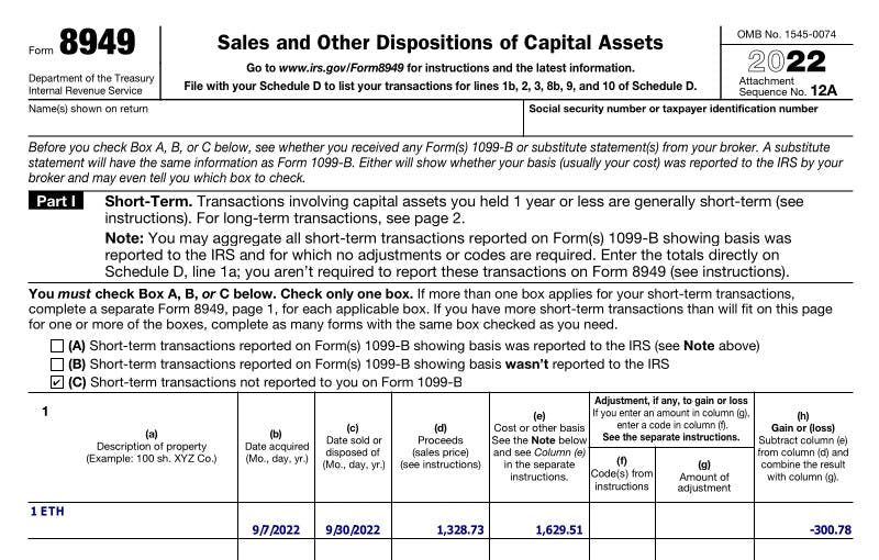 Form 8949 filled out with TokenTax crypto tax data