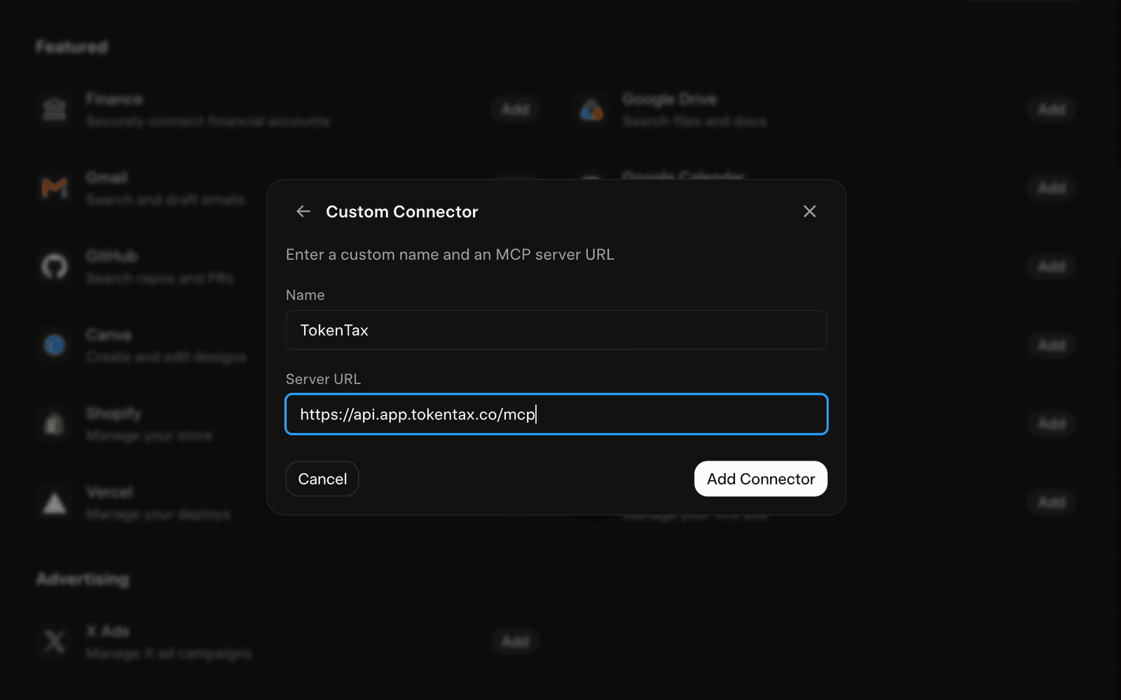 Adding the TokenTax MCP server URL in Grok