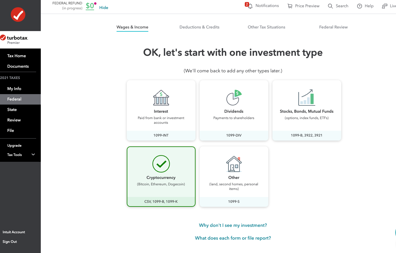 TurboTax Investment type selection