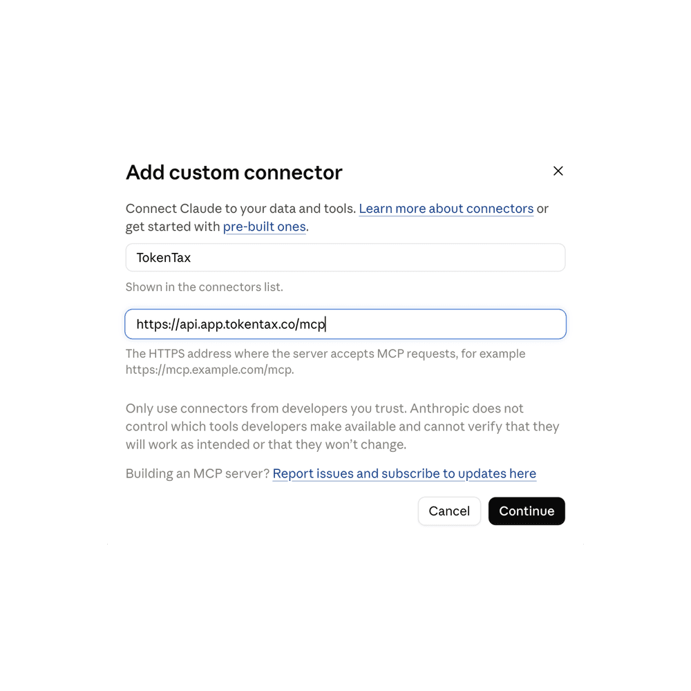 Adding the TokenTax MCP server URL in Claude settings