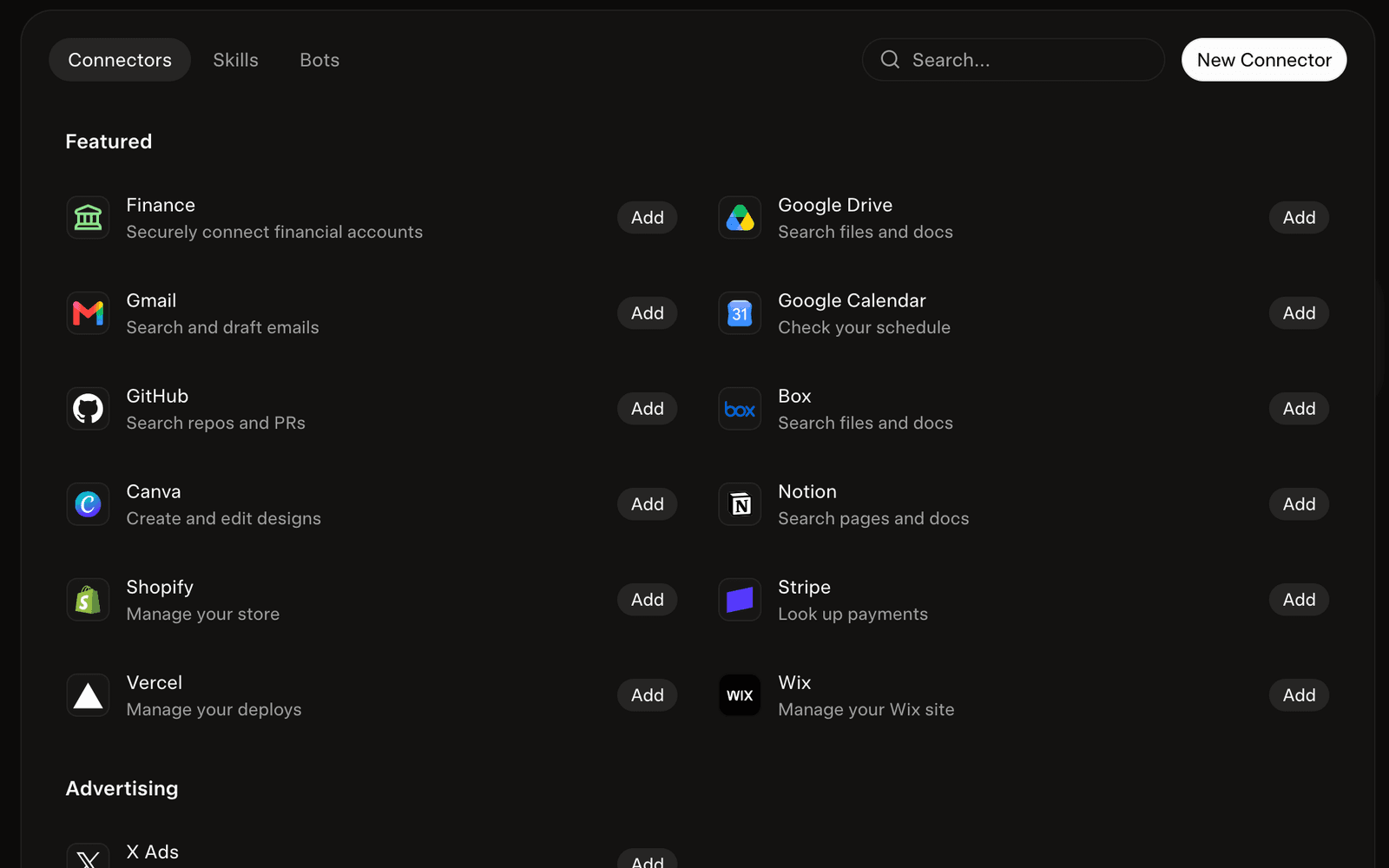 The connectors page in Grok on the web