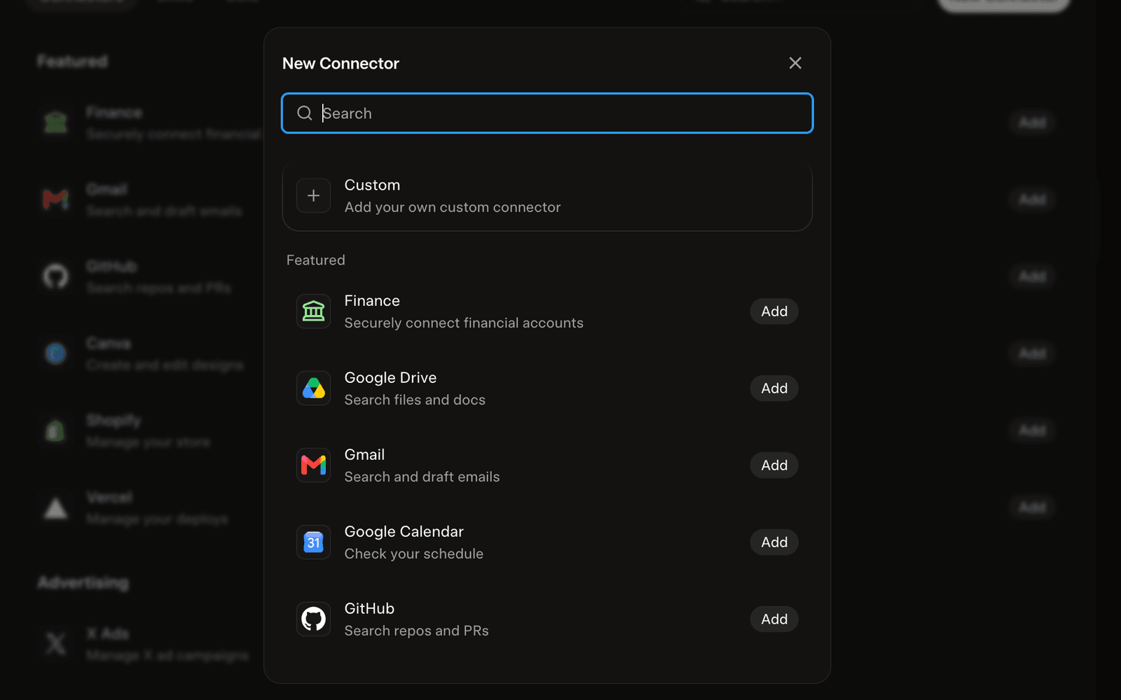 Choosing a Custom connector in Grok