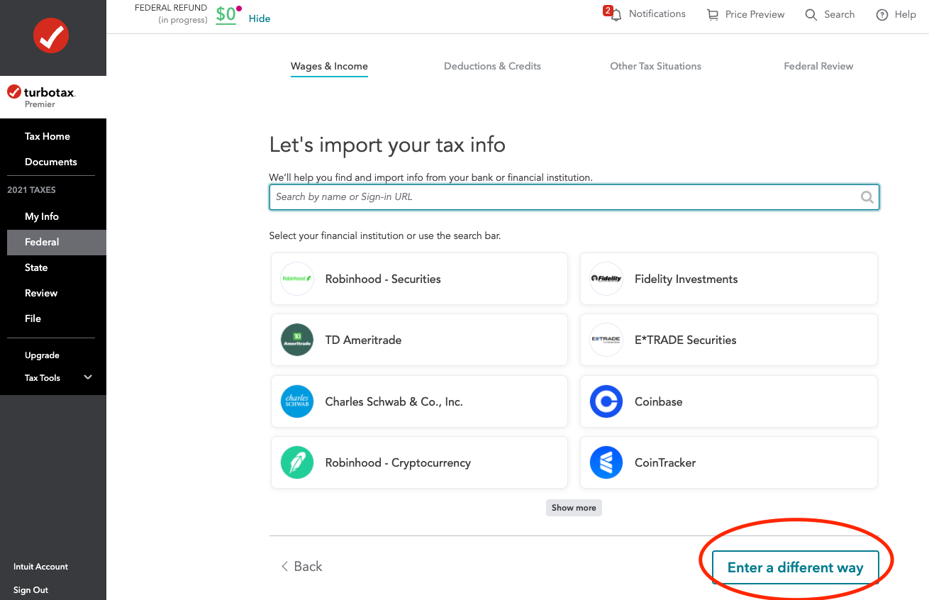 TurboTax crypto tax info import page