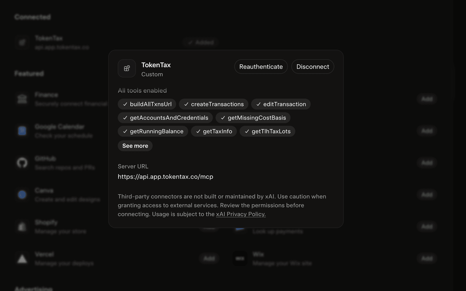 TokenTax connector details with all tools enabled in Grok