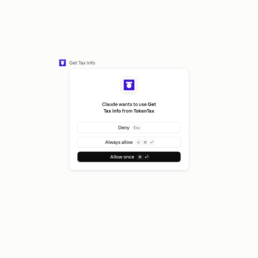 Claude asking permission to use Get Tax Info from TokenTax