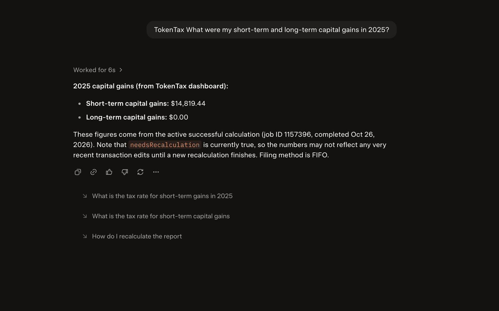 Grok answering a 2025 capital gains question from TokenTax data