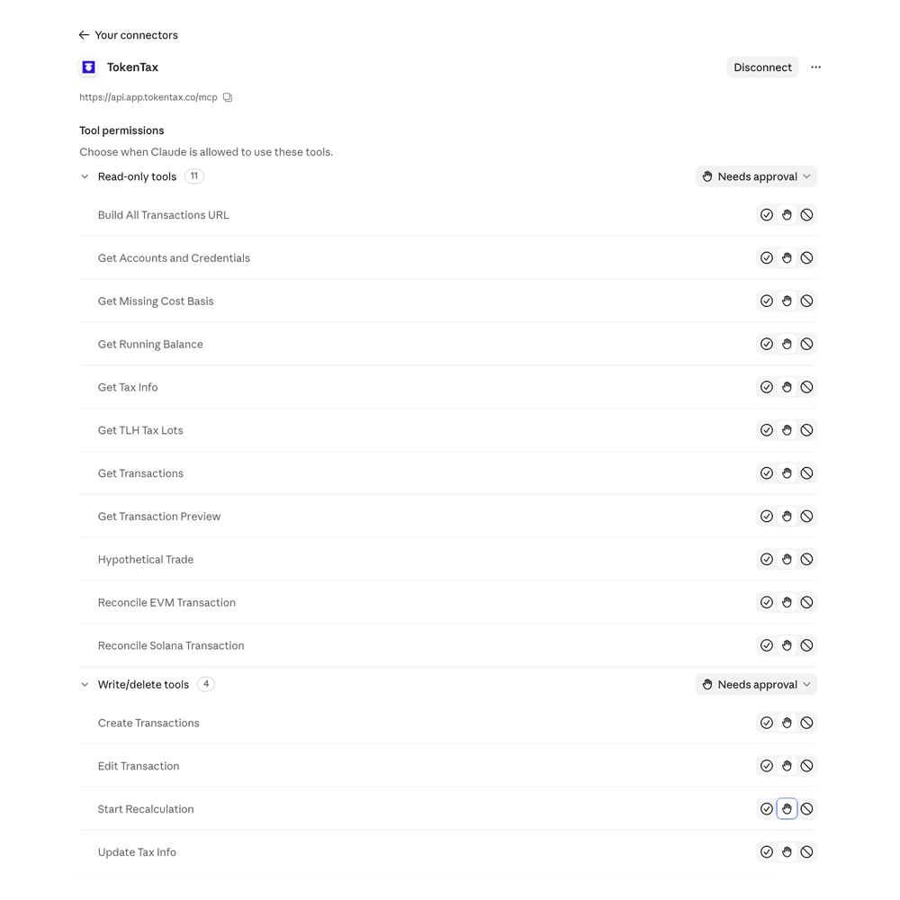 TokenTax tool permissions in Claude’s connector settings