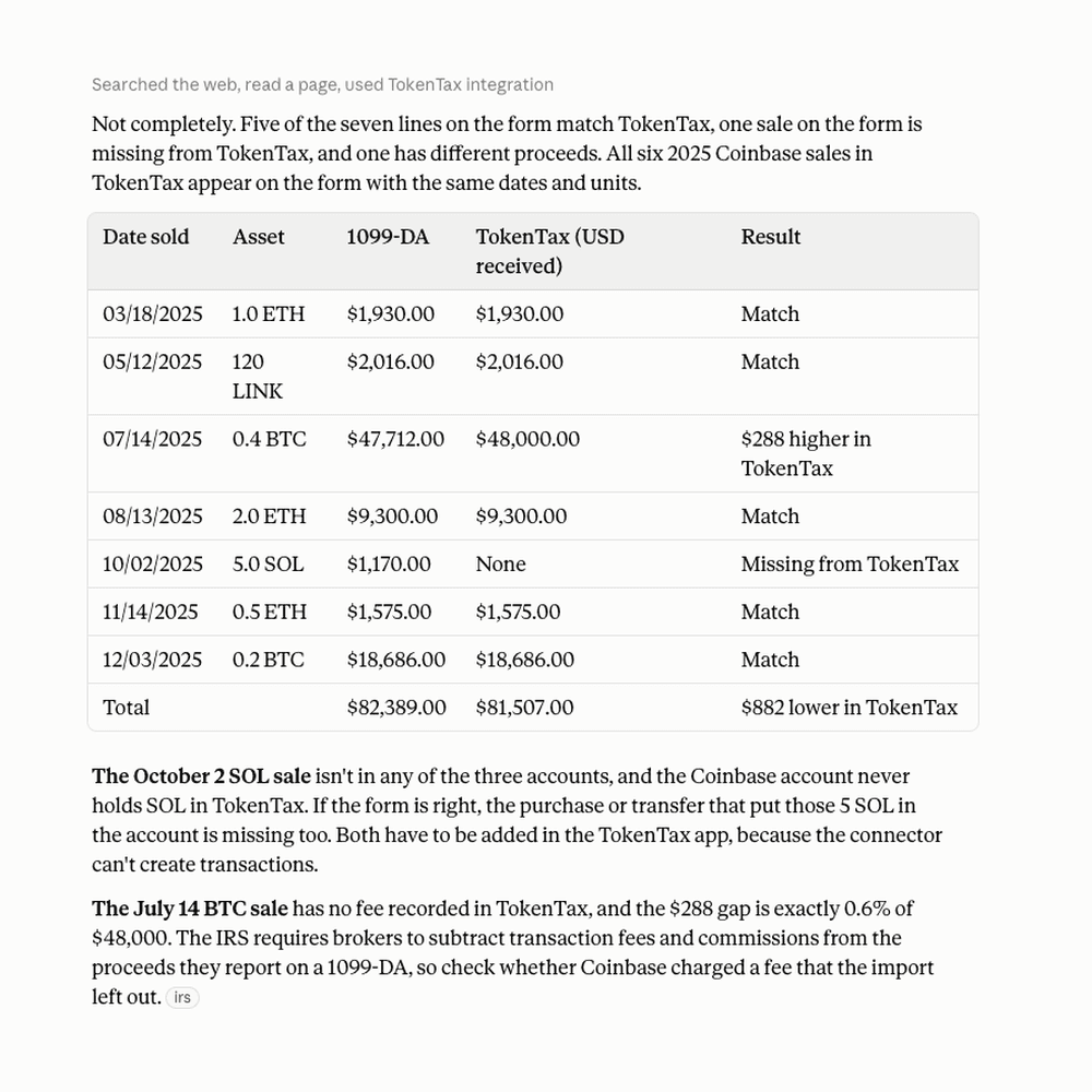 Claude comparing a sample 1099-DA with TokenTax transactions in a table