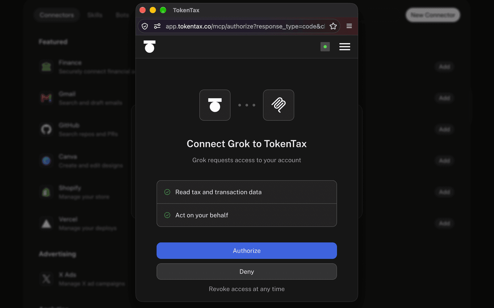 Approving Grok’s access on the TokenTax sign-in page