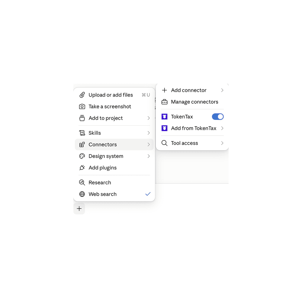 TokenTax switched on under Connectors in a Claude conversation